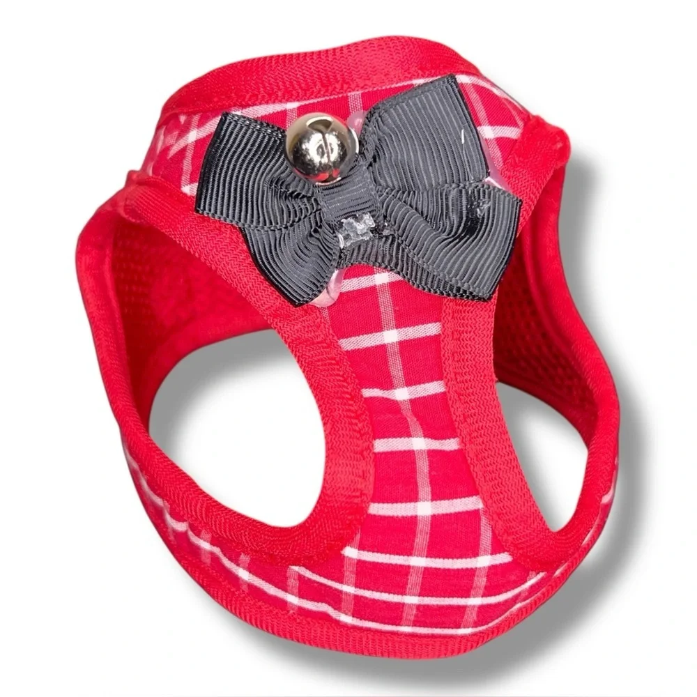 Small Cat Harness Red White Plaid Black Bow For Leash Walking